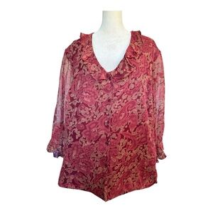 Avenue Plus Size 22/24 Sheer Burgundy Paisley Ruffle V-Neck Blouse Boho Top